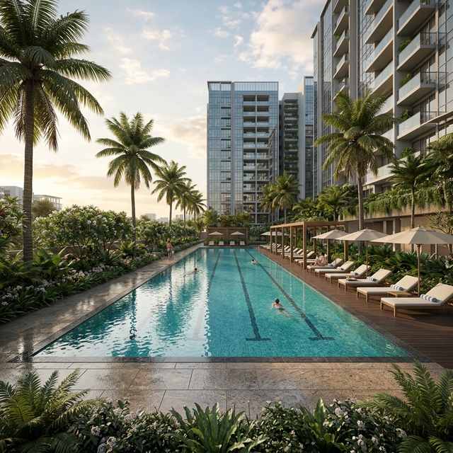 50-metre lap pool with tropical landscaping