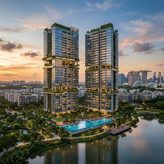 Aerial dusk view of Tengah Garden Residences fronting Tengah Pond