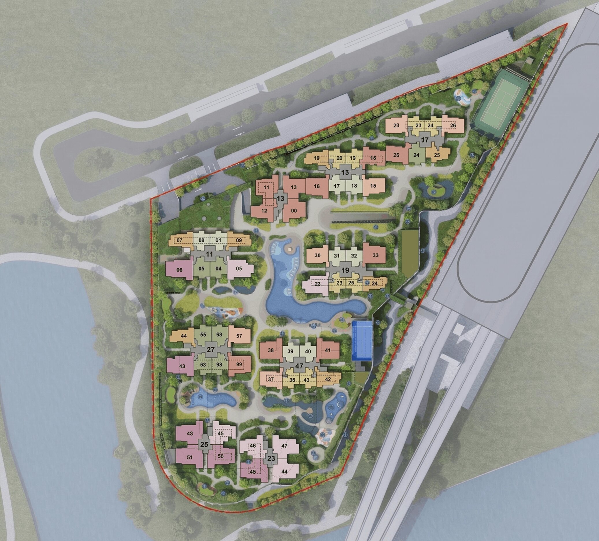 Official site plan of Tengah Garden Residences showing 9 residential blocks, facilities, and landscaping
